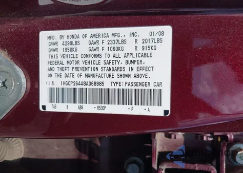 2008 Honda Accord 2.4 Lx-P from USA, damaged, VIN 1HGCP26448A068985